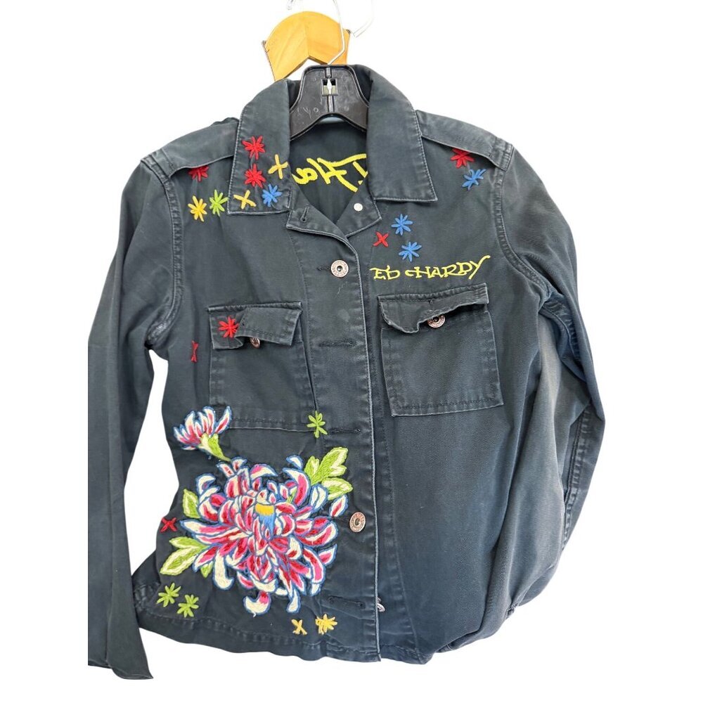 Ed Hardy Womens Custom Embroidered Jacket Size Small Black Vintage Rare Y2k